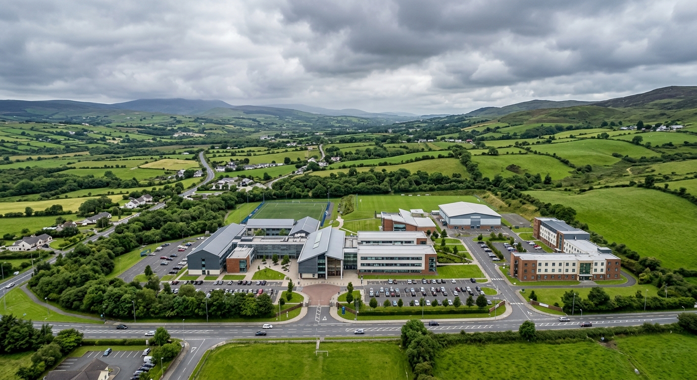 Aerial view of Letterkenny Institute of Technology campus on Port Road, modern educational buildings surrounded by green Donegal countryside, overcast Irish sky with rolling hills in the background