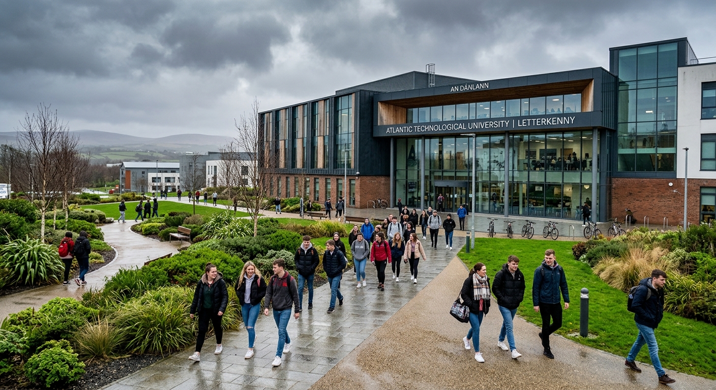 Modern university campus building at Atlantic Technological University Letterkenny, County Donegal, Ireland, with students walking on pathways surrounded by green landscaping under overcast Irish sky