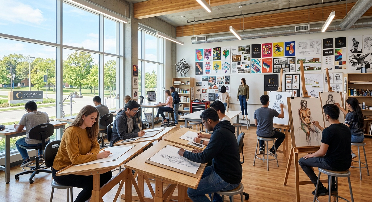 Bright and modern design studio at Conestoga College with students working on drawing boards, easels with life drawings, colorful design projects displayed on walls, natural light streaming through large windows, Kitchener Ontario campus