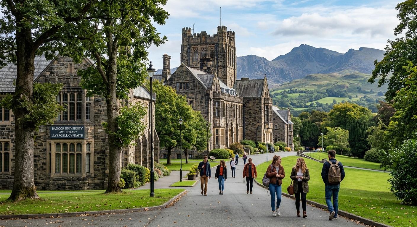 Historic Bangor University campus with stone buildings surrounded by lush green Welsh landscape, Snowdonia mountains visible in background, students walking along tree-lined pathways near the dedicated Law Library