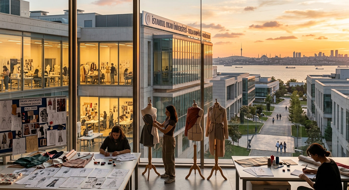 Istanbul Okan University modern campus in Tuzla district with contemporary architecture, design studios visible through large windows, fashion sketches and mannequins in foreground, Istanbul skyline in background under warm golden light