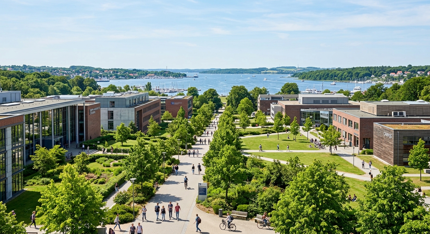 Europa-Universität Flensburg green campus wide shot with modern university buildings, tree-lined pathways, and the Flensburg Fjord visible in the background under a clear northern sky
