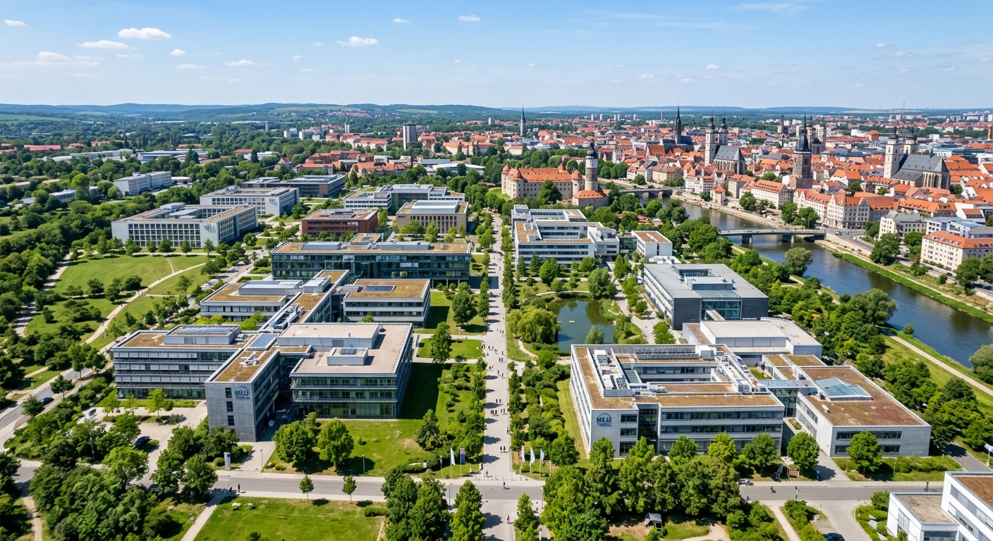 Aerial view of Martin Luther University Halle-Wittenberg Weinberg Campus with modern science buildings, green landscaped grounds, and the historic city of Halle (Saale) in the background under a clear sky