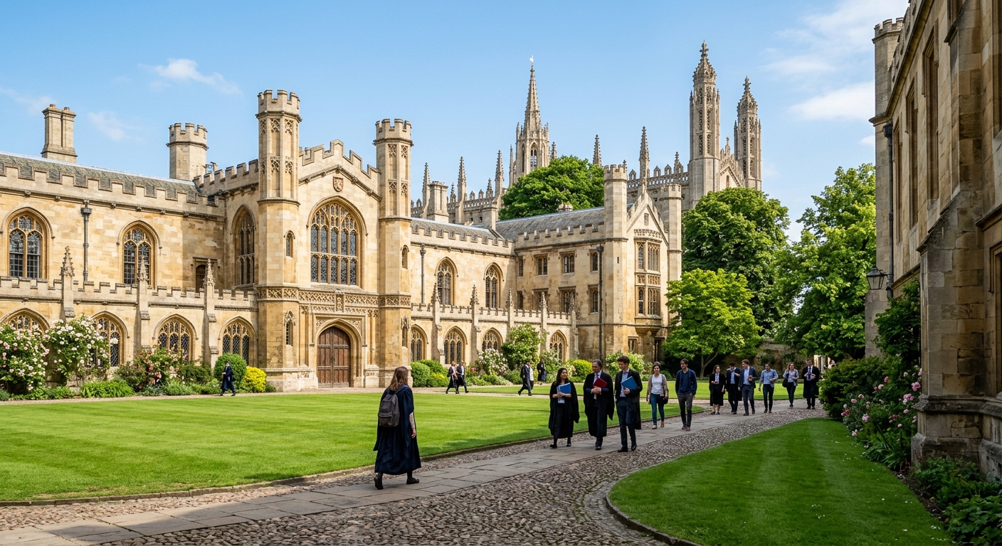 Historic University of Cambridge Faculty of Divinity building with Gothic stone architecture, lush green courtyard, ancient chapel spires in the background, scholars walking along cobblestone paths under a clear sky