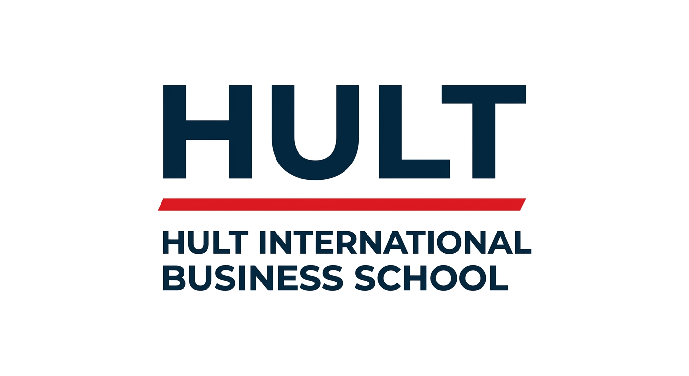 Hult International Business School official logo, bold uppercase HULT text in dark navy blue with red accent line, clean modern sans-serif typeface on white background