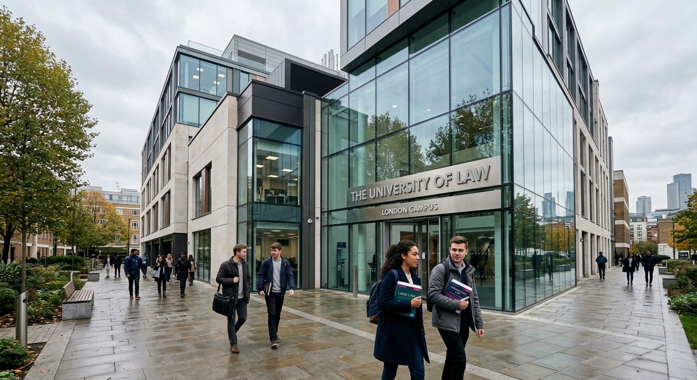 Modern University of Law campus building in the United Kingdom, with glass facade and professional architecture, students walking near entrance carrying law textbooks, overcast British sky in the background