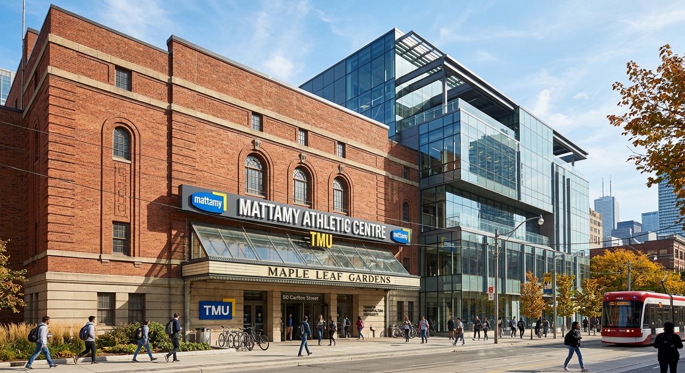 Mattamy Athletic Centre at TMU, renovated historic Maple Leaf Gardens building, red brick exterior with modern glass additions, sports facility entrance