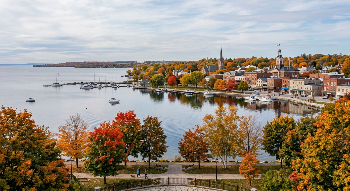 Scenic view of Belleville Ontario waterfront along Bay of Quinte, charming downtown buildings, Lake Ontario shoreline, autumn foliage, small-town Canadian atmosphere
