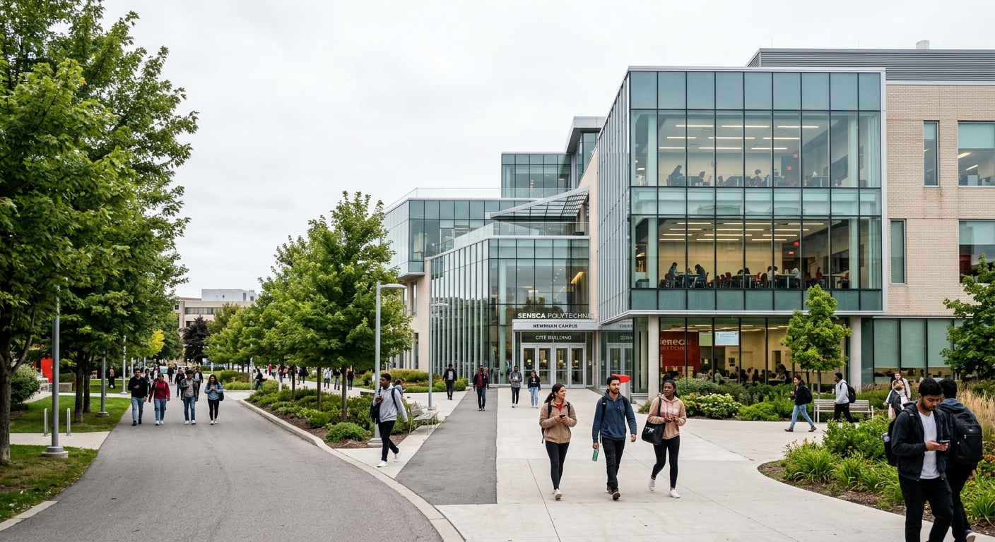 Modern campus building at Seneca Polytechnic Newnham Campus in Toronto, Canada, with students walking along tree-lined pathways, glass-fronted lecture halls visible, and a bright overcast sky typical of Ontario