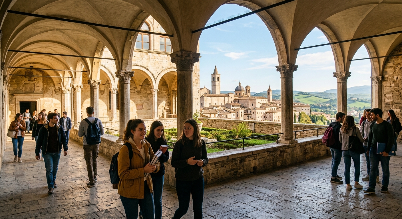 Historic University of Perugia campus building with medieval architecture in the Umbria region, students walking through arched stone corridors, Italian cityscape with green hills in the background, warm sunlight