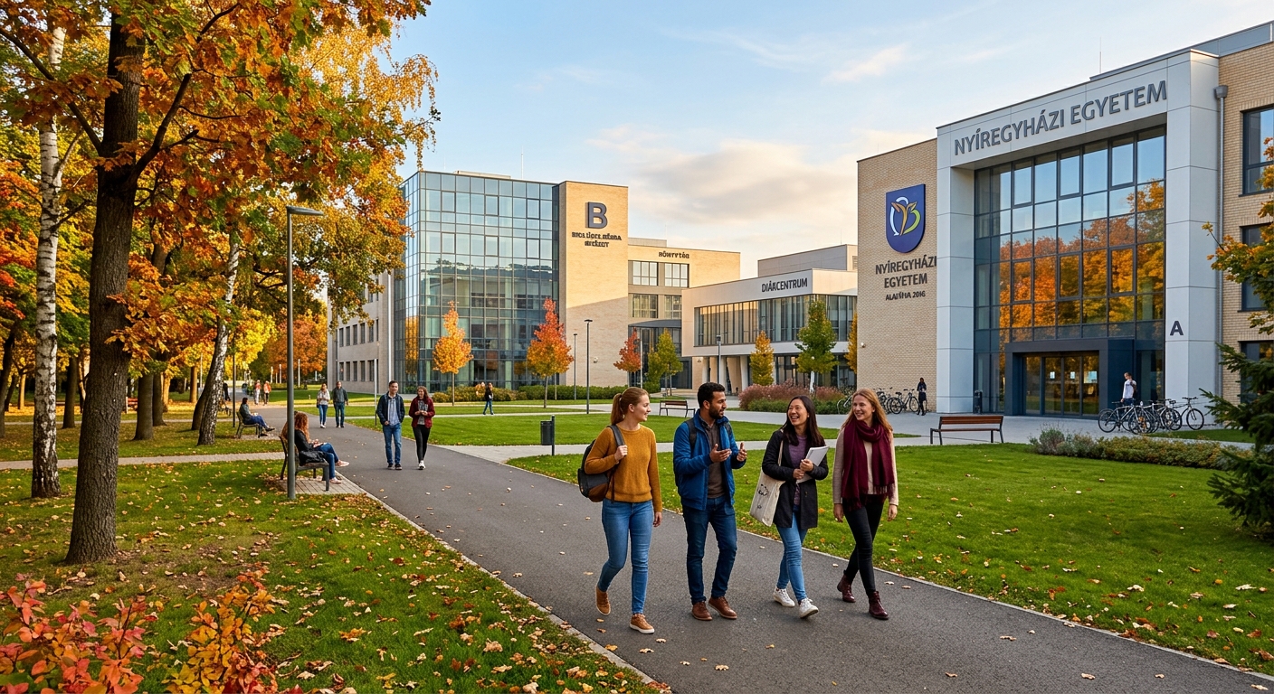 Modern university campus of the University of Nyíregyháza in Hungary, green parkland with contemporary academic buildings, international students walking along tree-lined pathways, warm autumn sunlight