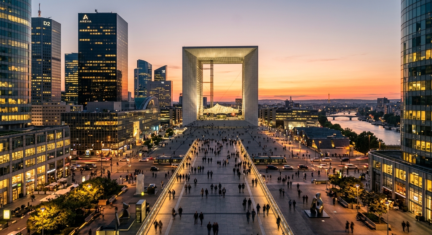 Paris La Défense skyline at sunset, modern skyscrapers and the Grande Arche landmark, bustling business district with pedestrian esplanade, city lights beginning to glow, Seine River in the distance