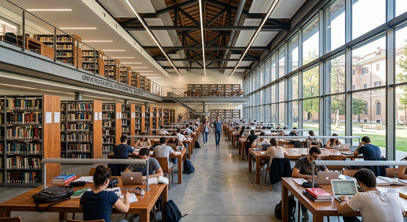 Roma Tre University library interior, modern open-plan reading room with high ceilings, natural light streaming through large windows, rows of bookshelves and study desks