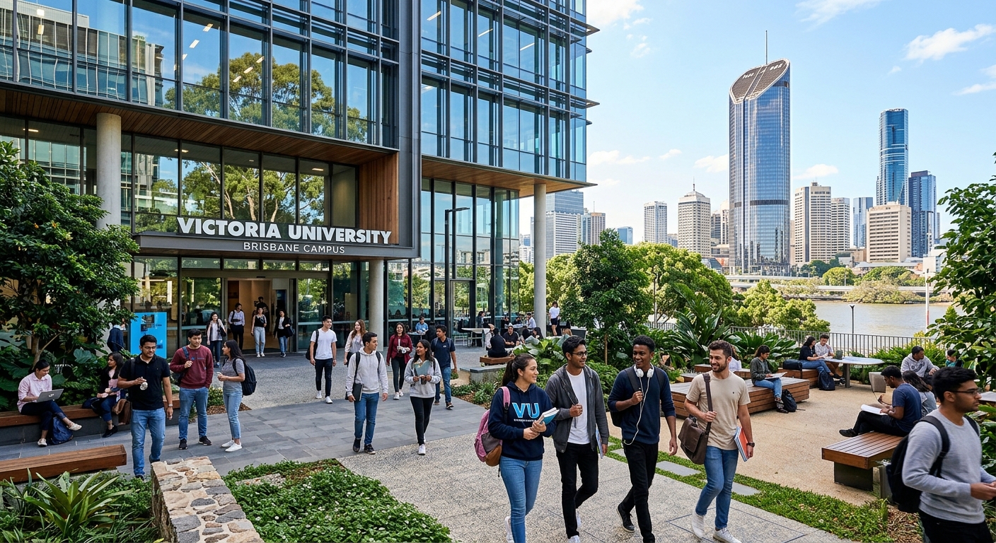 Modern Victoria University Brisbane campus building exterior with glass facade, international students walking through a sunlit courtyard, Brisbane city skyline visible in the background, professional academic atmosphere