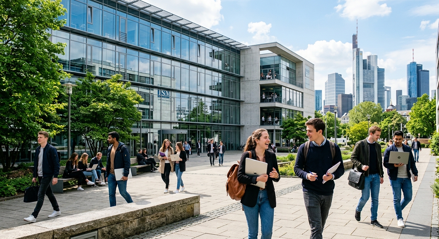 Modern ISM campus building in Germany with glass facade, students walking through a courtyard with laptops and notebooks, green trees and urban skyline in the background, bright daylight