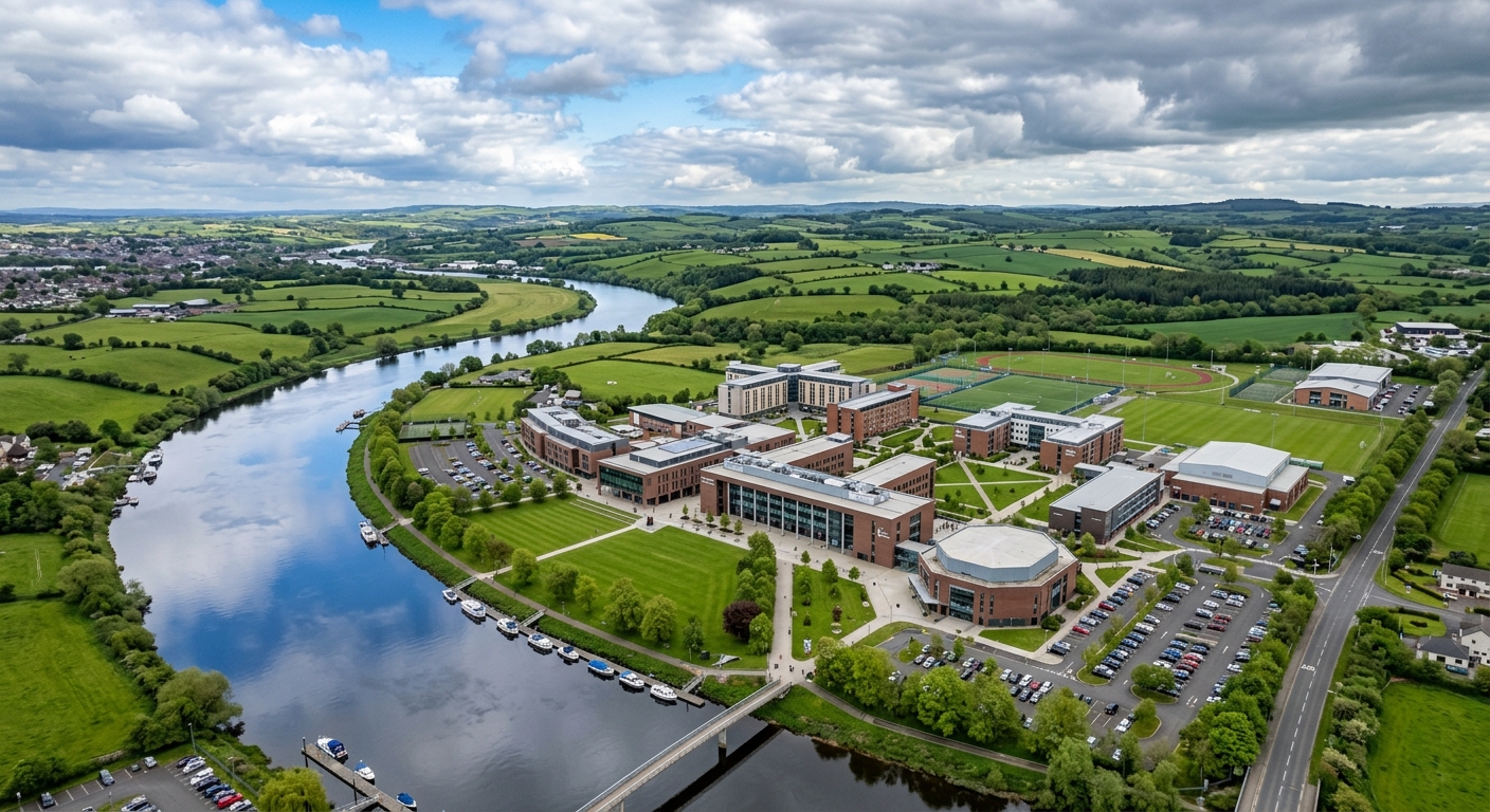 Aerial view of Ulster University Coleraine campus on the banks of the River Bann, green lawns and modern academic buildings surrounded by Northern Irish countryside, overcast sky with patches of blue