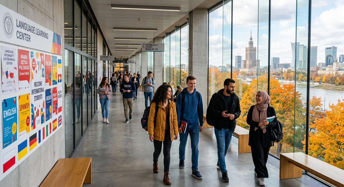 Modern university campus building in Warsaw Poland with international students walking through a bright corridor, language learning posters on walls, multicultural atmosphere with autumn cityscape visible through large windows