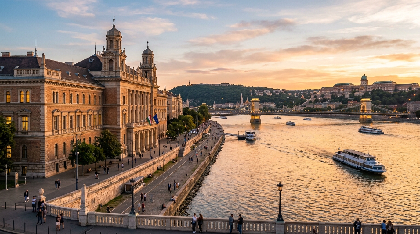 Corvinus University of Budapest main building wide shot, neo-renaissance former Customs House on the Danube riverbank, Pest side, warm golden hour light reflecting on the river, Budapest cityscape in background