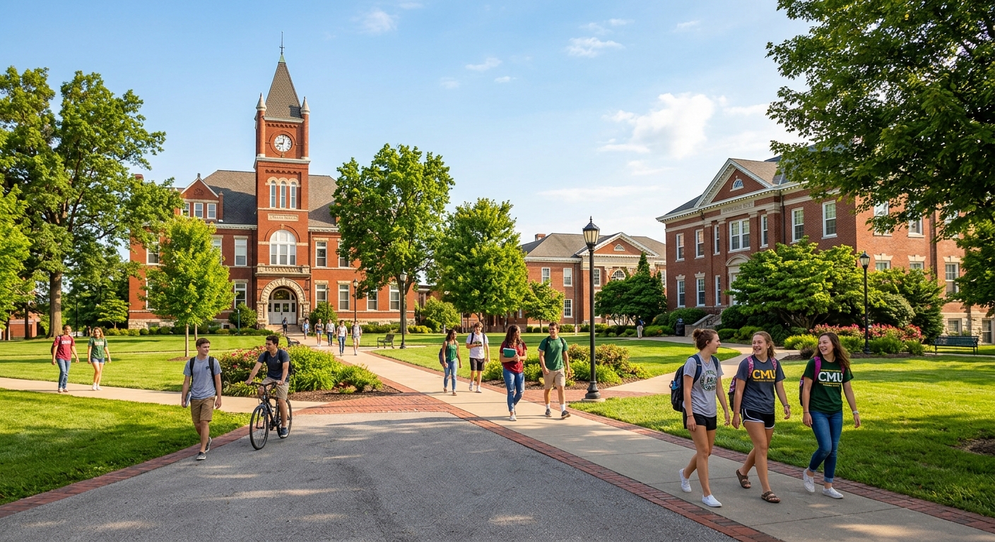 Historic red-brick campus buildings of Central Methodist University in Fayette Missouri with green lawns, mature trees, and students walking along pathways on a sunny day