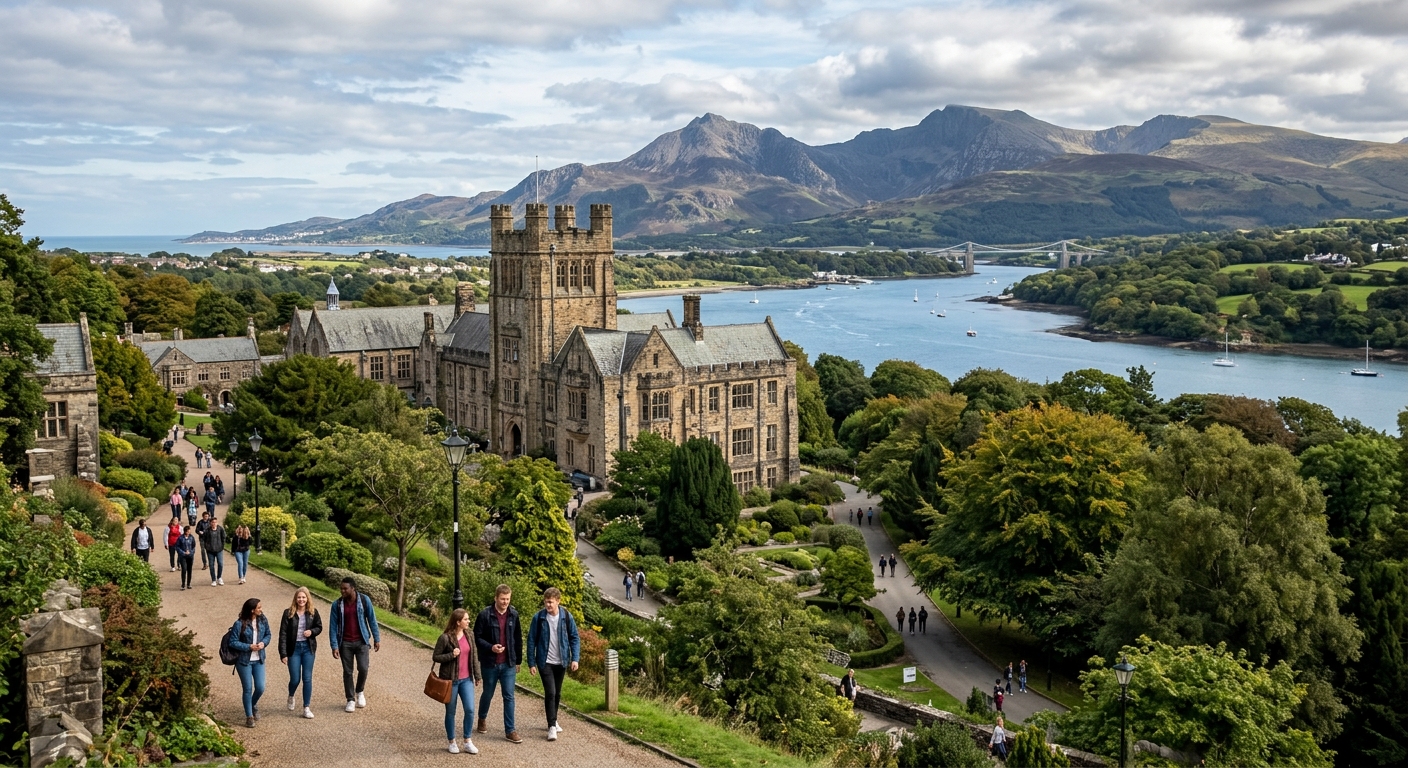 Bangor University campus nestled between Snowdonia mountains and the Menai Strait in North Wales, historic stone buildings surrounded by lush greenery with students walking along tree-lined paths