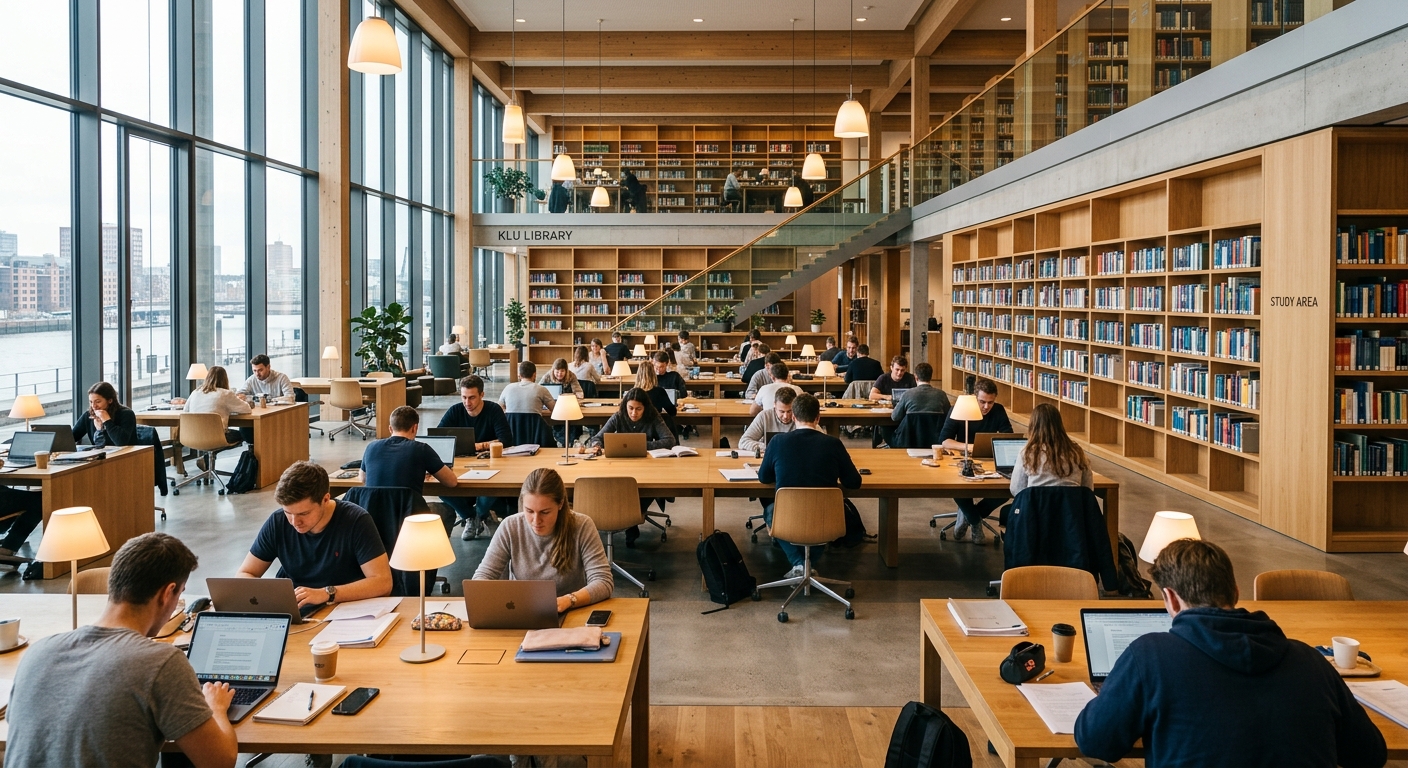 KLU campus library interior, open study spaces with bookshelves, students working at desks, warm modern lighting, minimalist Scandinavian design