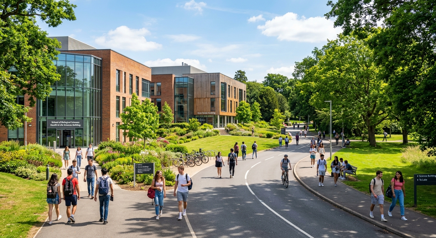 University of Reading Whiteknights campus with modern science buildings surrounded by lush green parkland, students walking along tree-lined pathways, bright sunny day in Reading, United Kingdom