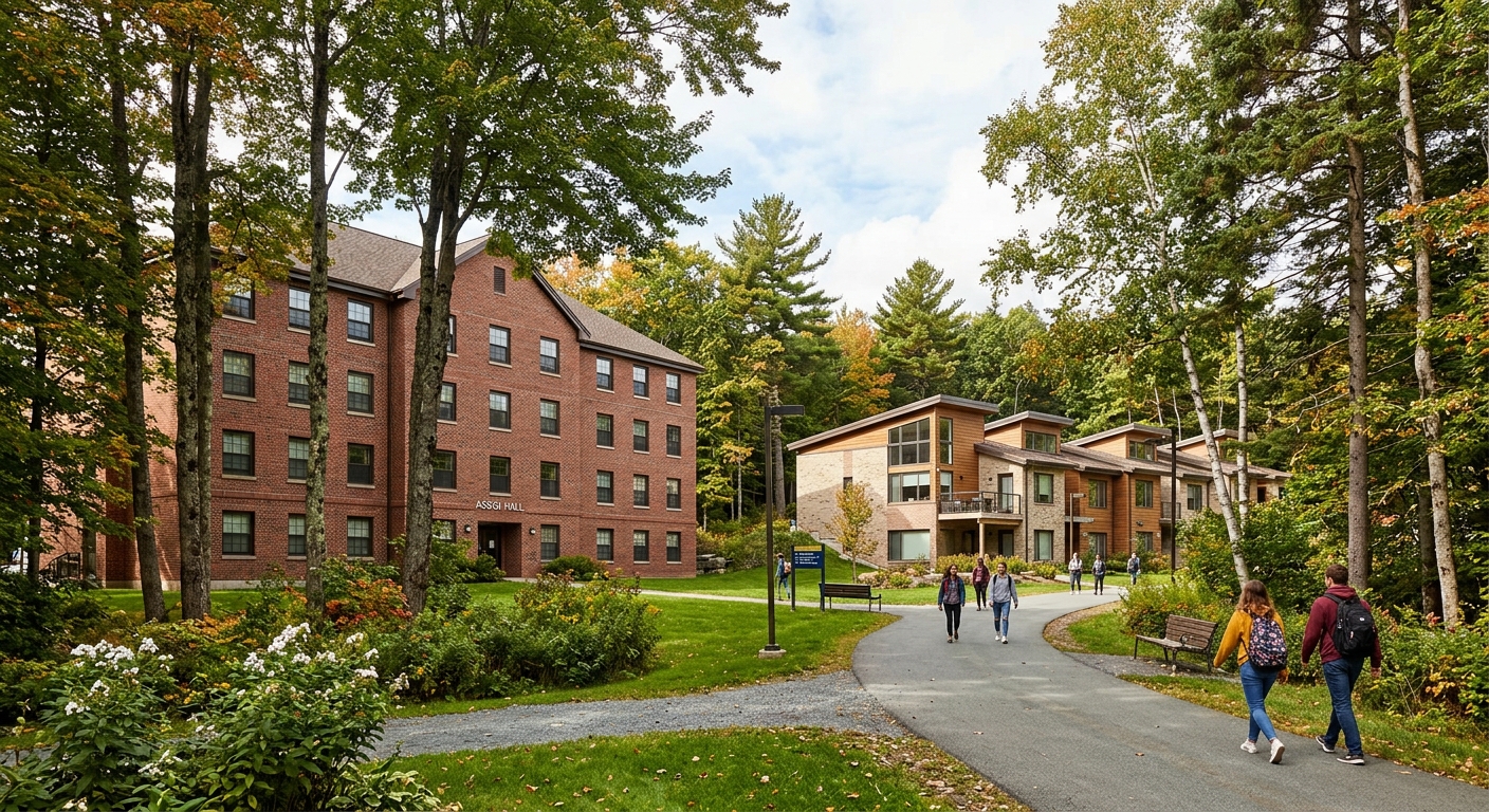 MSVU campus residence buildings including Assisi Hall and The Birches, brick and modern architecture set among tall trees with walking paths