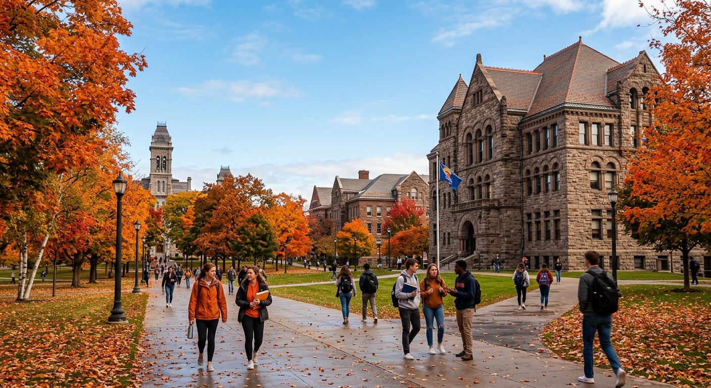 Syracuse University campus in autumn with orange and red foliage, H.B. Crouse Hall and historic stone buildings, students walking along tree-lined pathways, blue sky overhead
