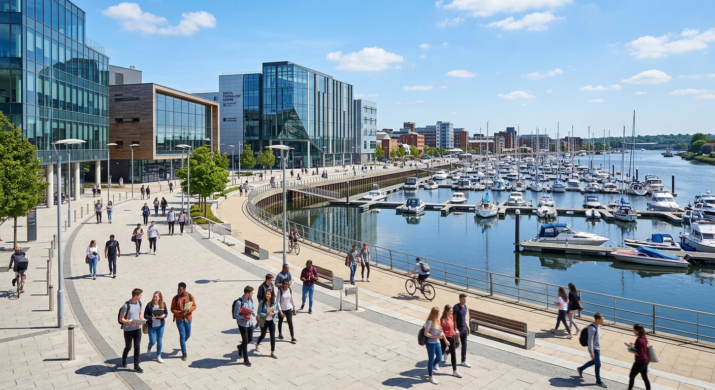 Modern university waterfront campus in Ipswich, England with contemporary glass buildings overlooking a marina, students walking along pathways, digital technology center visible in the background, bright daylight