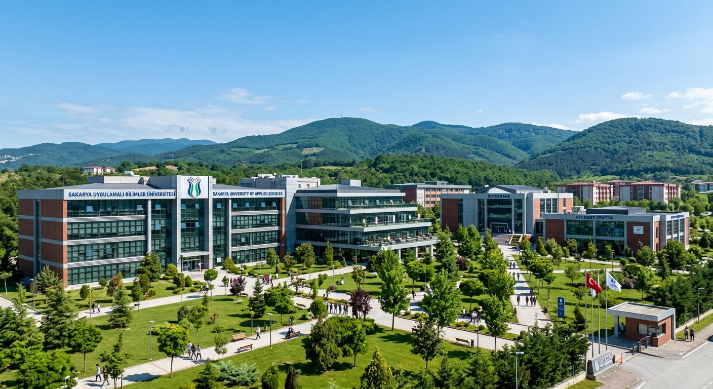 Sakarya University of Applied Sciences main campus in Serdivan, modern university buildings surrounded by lush green landscape, Sakarya province hills in background, clear sky