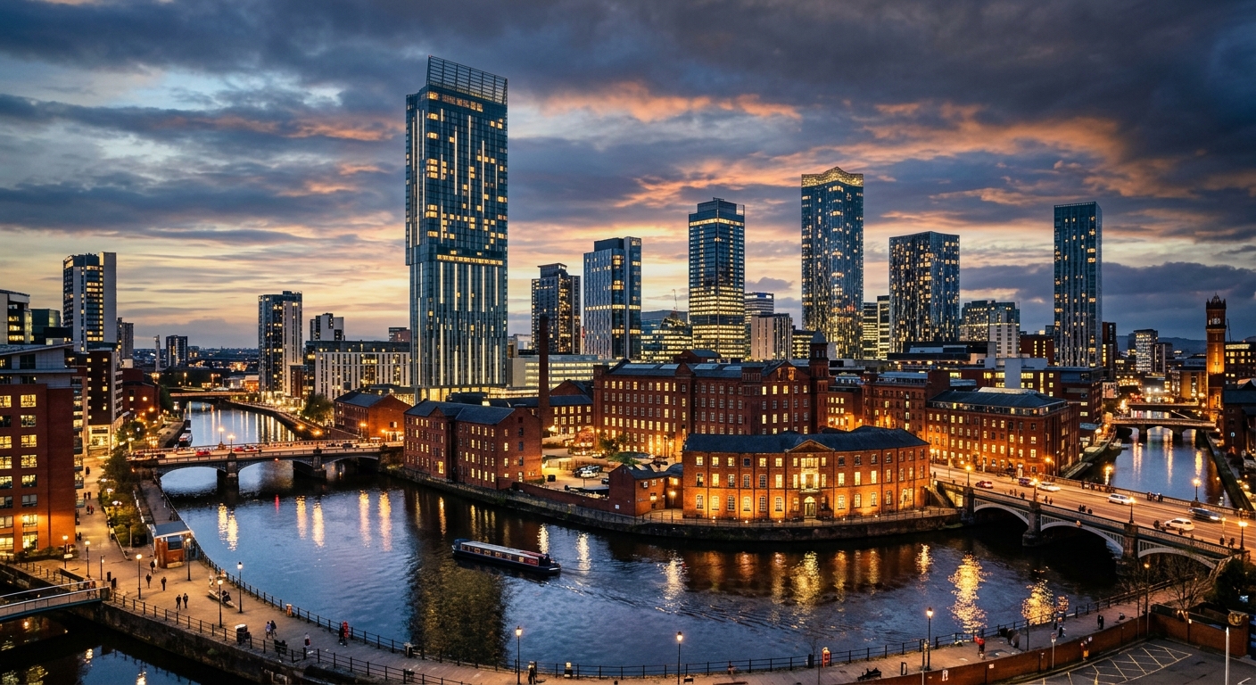 Manchester city skyline at dusk, modern skyscrapers including Beetham Tower, historic red brick buildings, River Irwell in foreground, vibrant city lights, dramatic sky