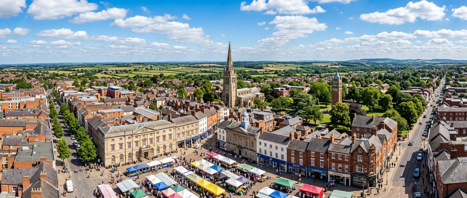 Panoramic view of Loughborough town centre showing the historic market square, church spire, tree-lined streets, and the surrounding Leicestershire countryside under a blue sky