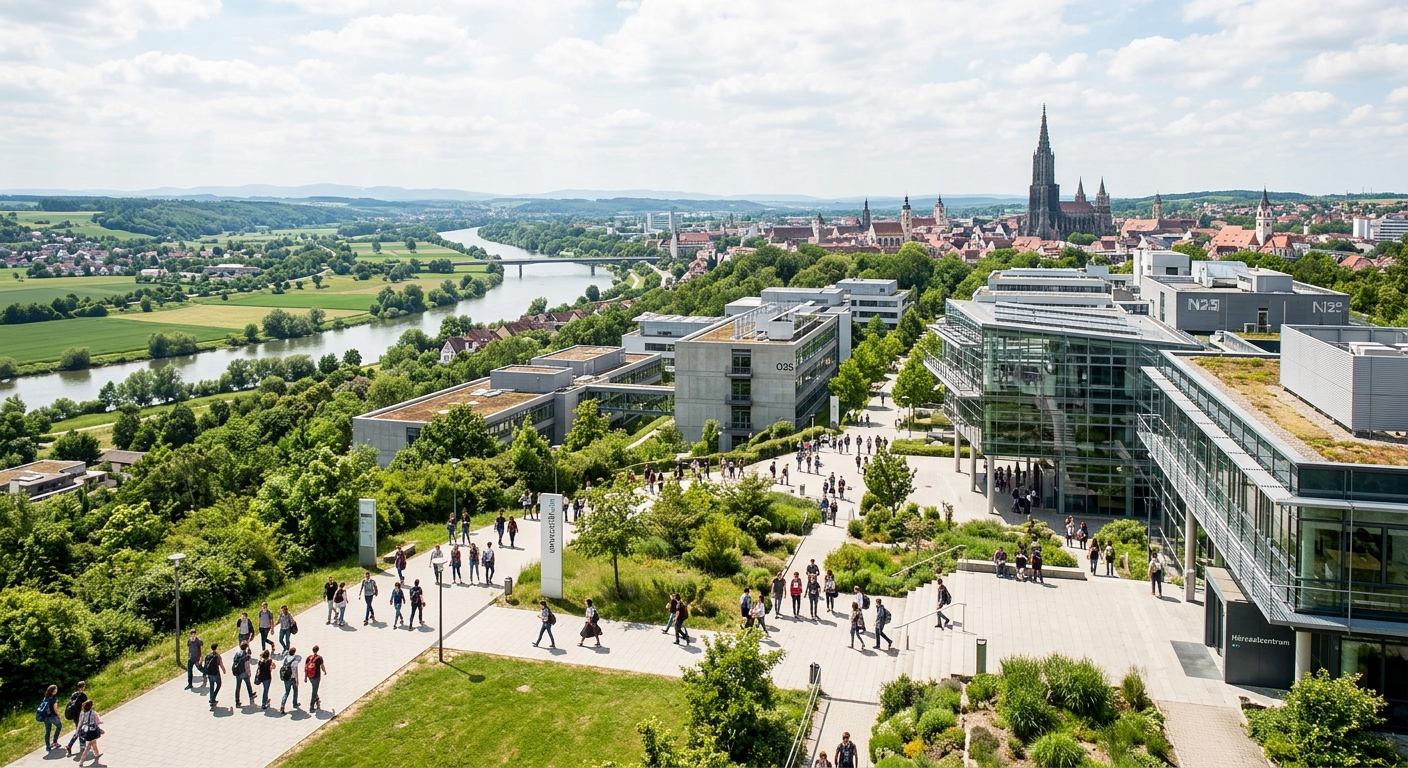 Modern university campus of Ulm University on a green hilltop, contemporary architecture with glass facades, students walking between lecture buildings, panoramic view of the Danube river valley and Ulm skyline in the background, bright daylight