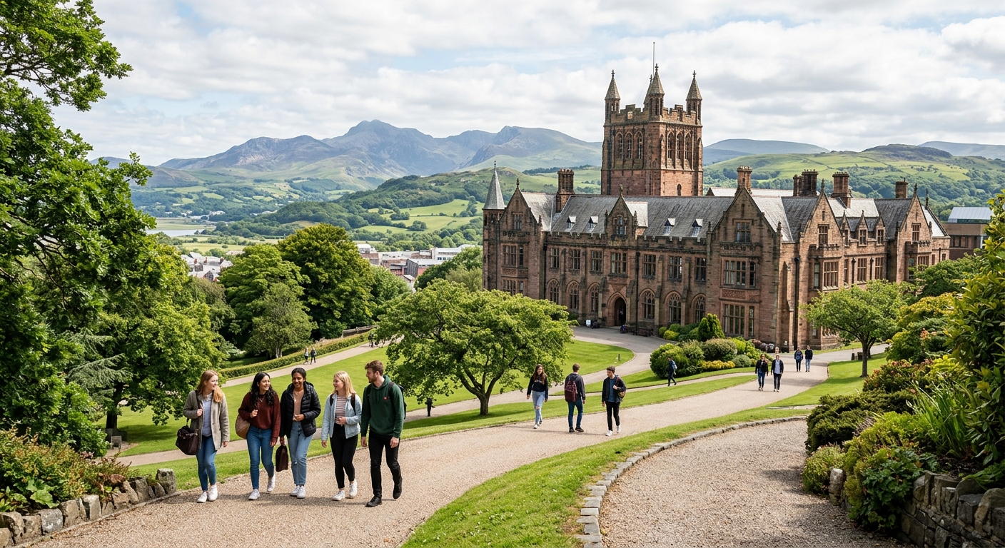 Historic Bangor University main building with Victorian Gothic architecture, set against the backdrop of Snowdonia mountains and lush green Welsh landscape, students walking along tree-lined pathways