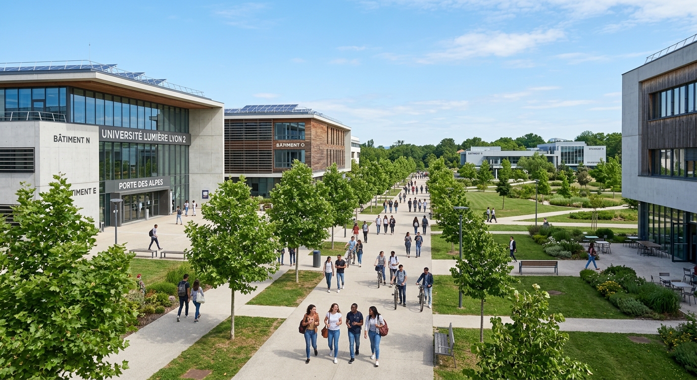 Modern university campus at Porte des Alpes in Bron near Lyon, France, with contemporary academic buildings surrounded by green spaces, students walking along tree-lined pathways, clear blue sky in the background