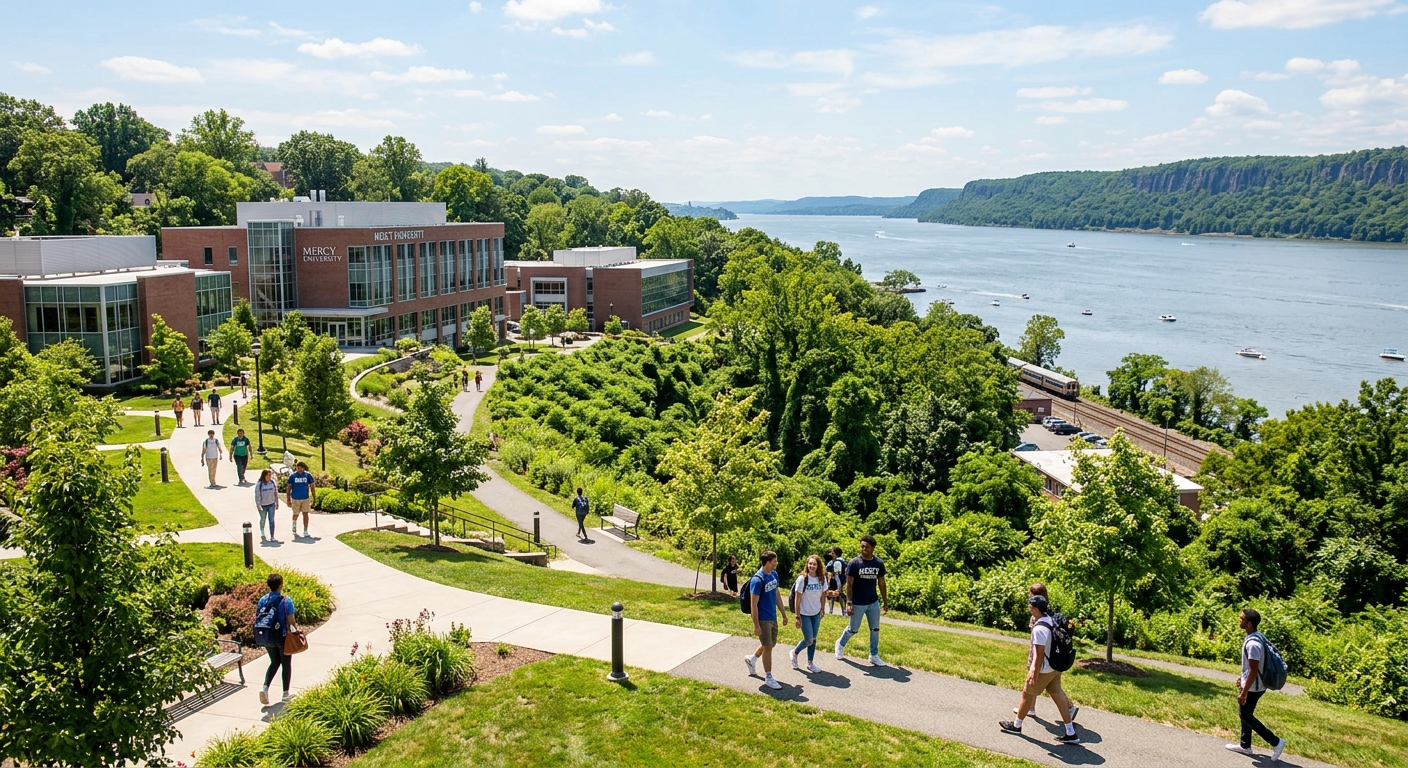 Mercy University campus in Dobbs Ferry New York with modern buildings surrounded by green trees, Hudson River in the background, students walking along pathways on a sunny day