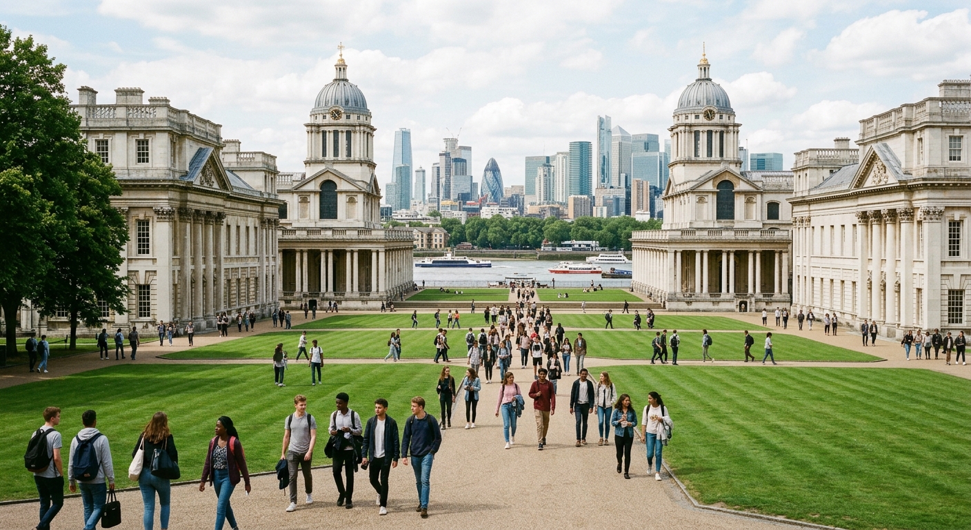 University of Greenwich historic campus buildings on the banks of the River Thames with students walking through the grounds, classical baroque architecture, green lawns, and the London skyline in the background