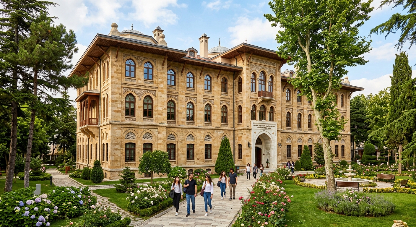 Istanbul Sabahattin Zaim University historic main building, restored Ottoman-era stone architecture with arched windows, surrounded by mature trees and manicured gardens