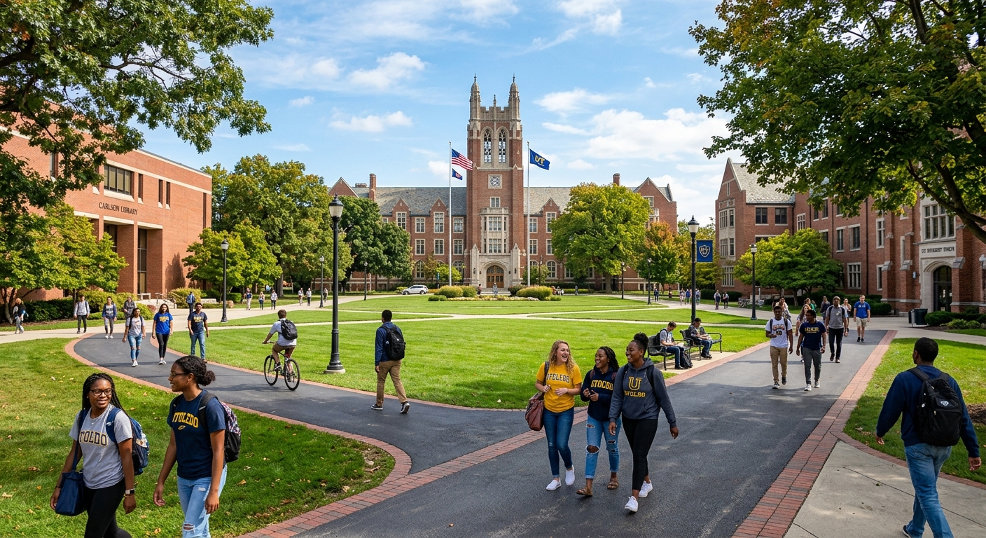 University of Toledo campus with University Hall in the background, green lawns and tree-lined walkways, students walking between red-brick academic buildings on a sunny day in Toledo, Ohio