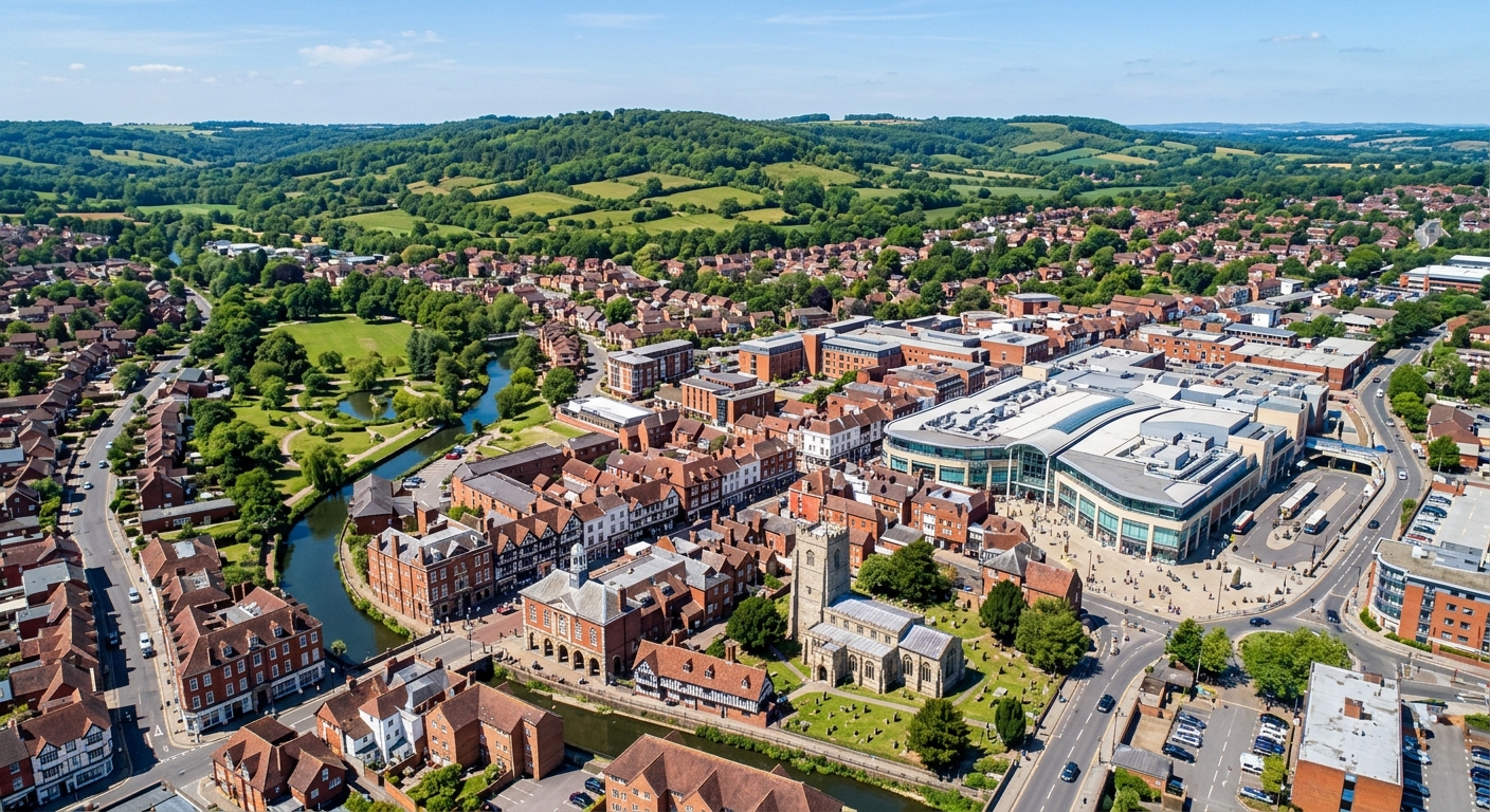 High Wycombe town centre aerial view, historic market town with modern shopping areas, Chiltern Hills rolling green landscape in background, River Wye flowing through town, clear sky