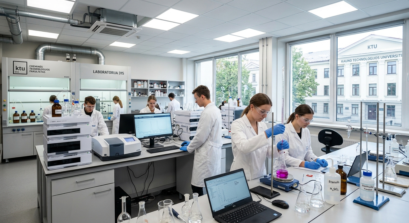 Modern chemistry laboratory at Kaunas University of Technology with students conducting experiments, glass beakers and flasks on lab benches, spectroscopic equipment, bright overhead lighting, Faculty of Chemical Technology building in Kaunas Lithuania