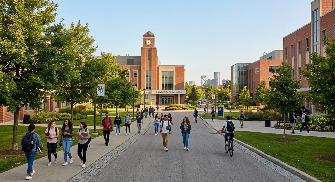 University of Windsor campus with modern brick buildings, green lawns, and students walking along tree-lined pathways in Windsor, Ontario, Canada, with clear sky and warm sunlight