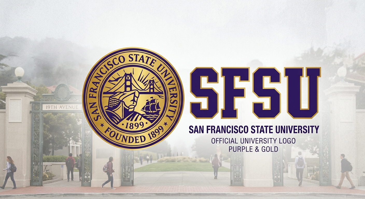 San Francisco State University official logo, purple and gold colors, SFSU letters with university seal