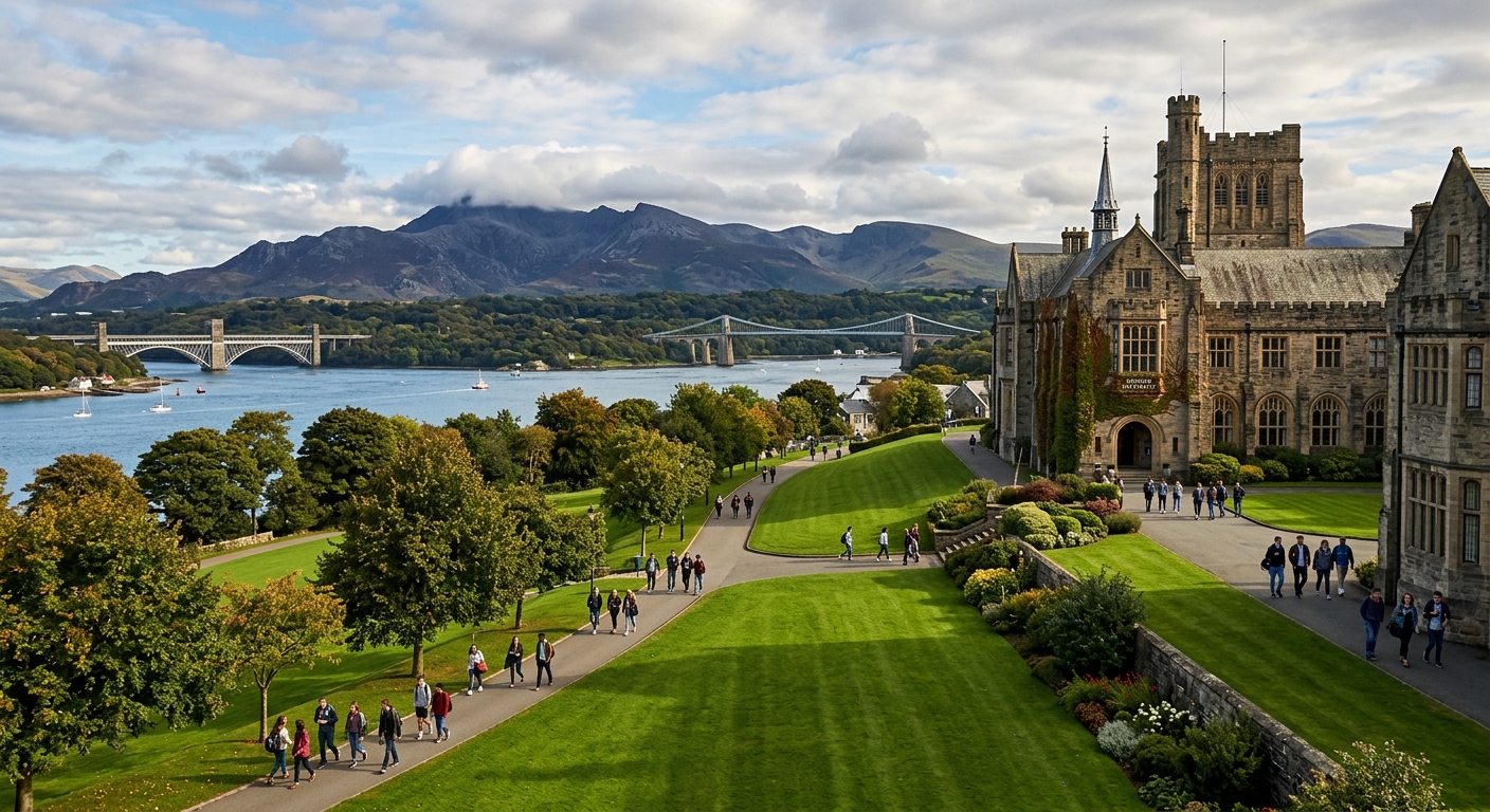 Historic Bangor University campus buildings with green lawns, set against the dramatic backdrop of Snowdonia mountains and the Menai Strait in North Wales, students walking along tree-lined paths