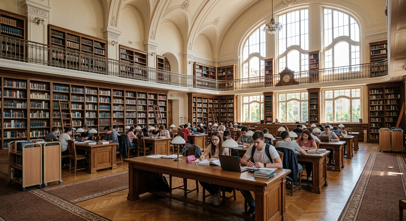 University of Debrecen University and National Library interior, spacious reading rooms, tall bookshelves, students studying at desks, natural light through large windows