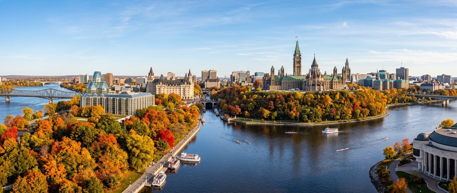 Ottawa city skyline panorama featuring Parliament Hill with Gothic Revival architecture, Ottawa River, Rideau Canal, autumn foliage, clear sky, National Gallery of Canada visible