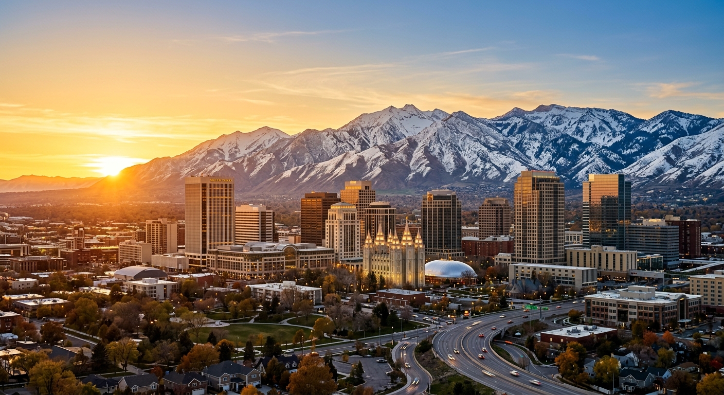 Salt Lake City skyline at sunset with the snow-capped Wasatch Mountains in the background, modern downtown buildings, clear sky with warm golden light