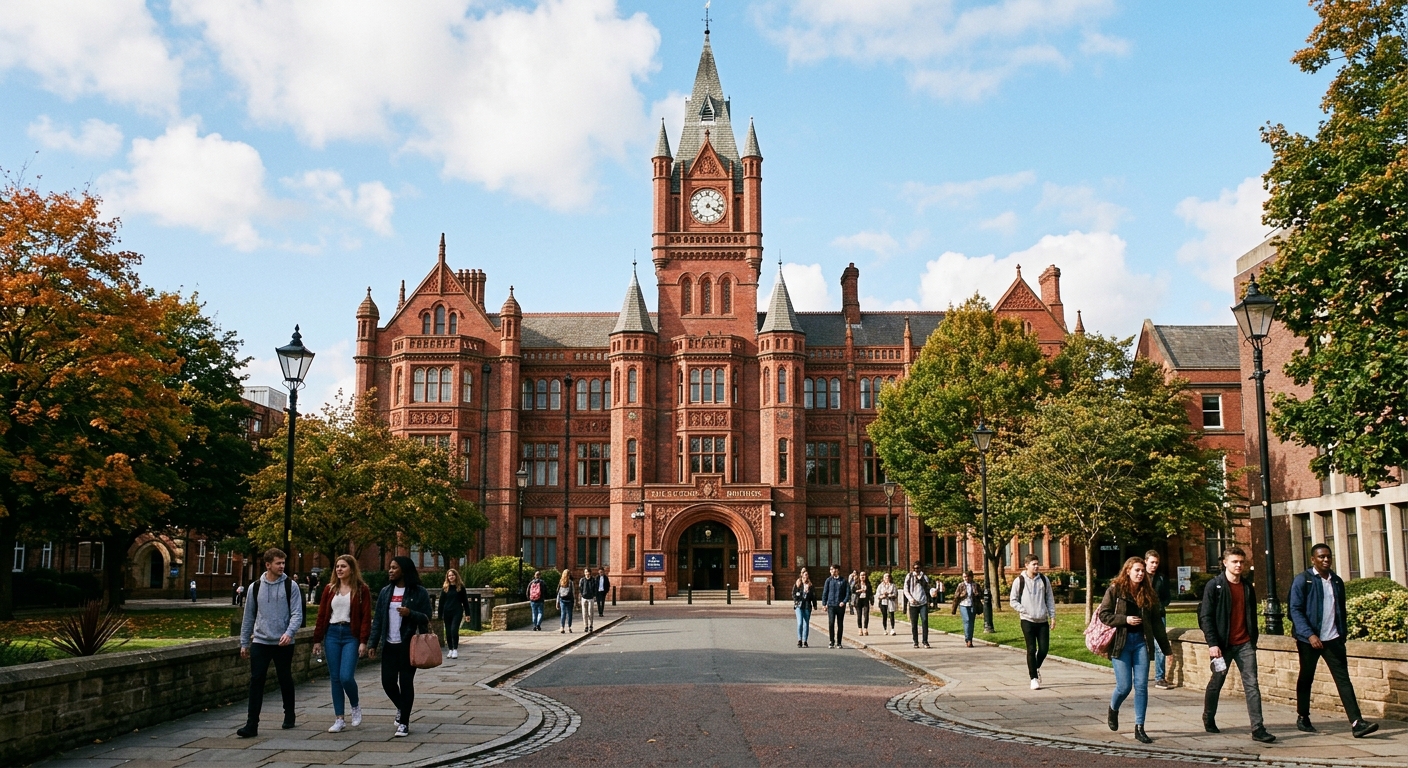 The iconic red brick Victoria Building at the University of Liverpool with its Gothic tower and ornate facade, set against a blue sky with students walking along the pathway
