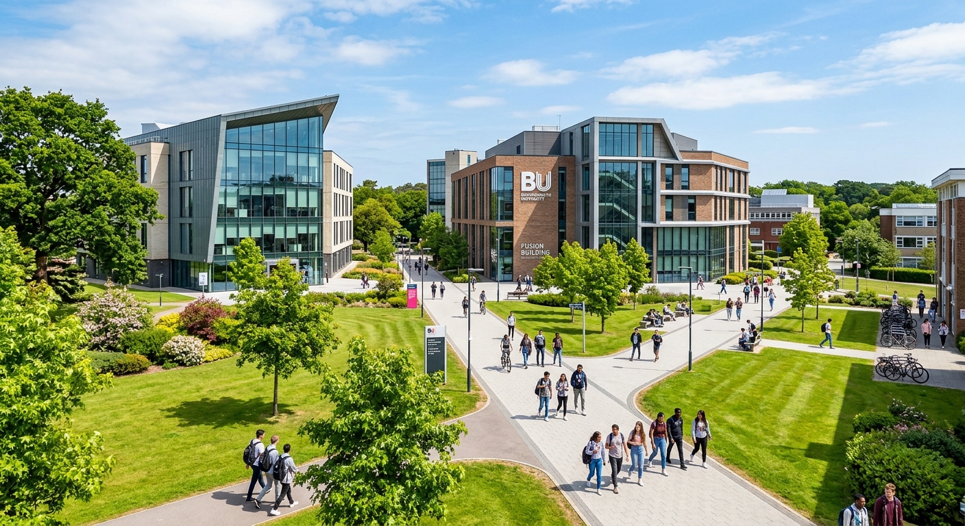 Bournemouth University Talbot Campus wide-angle view showing modern academic buildings surrounded by green lawns and trees, with students walking along pathways on a sunny day in southern England