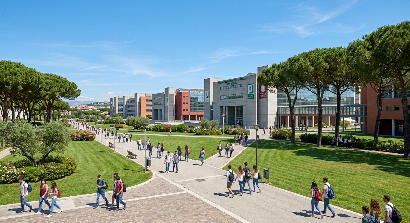 Modern academic buildings of Tor Vergata University campus with wide walkways, green lawns, and Mediterranean pine trees under clear Italian sky